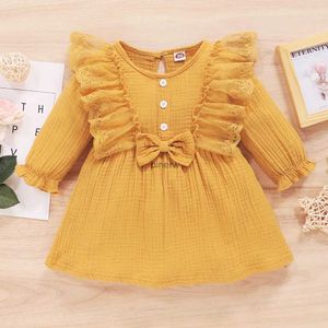 Vestidos da menina primavera outono vestido amarelo para 6-36 meses criança bebê menina algodão linho vestido de manga comprida renda babados saia roupas infantis