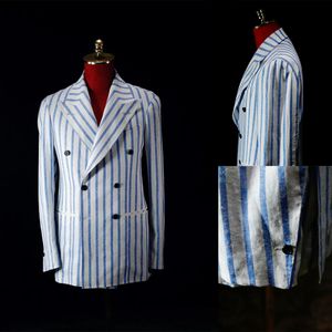 Beach Linen Men Wedding Tuxedos Double Breasted Striped Mens Party Birthday Formal Wear Only One Jacket