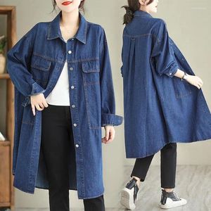 Damen-Trenchmäntel, Herbst, Vintage, mittellang, Denim-Windjacke, Damen, Umlegekragen, einreihig, lässig, Jean-Mantel, Damen, locker