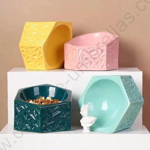 Feeders New creative geometry ceramic pet bowl food feeder anti knock over inclined mouth anti scratch for cat drinking and eating