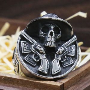 Anel de caveira com arma dupla de cowboy, vintage, masculino, 14k, ouro branco, punk, caveira, legal, masculino, hip hop, anéis de motociclista, acessórios de joias