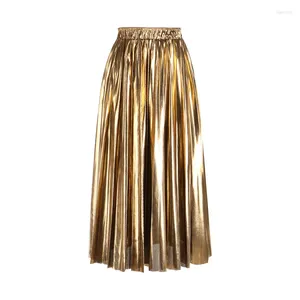 Skirts In Autumn Winter Korean Fashion High Waist A-Line Midi Pleated Skirt For Women 2024 Gold Silver Elegant Long