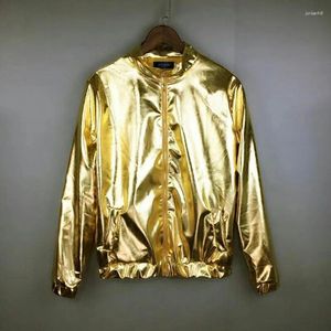 Men's Jackets Shiny Gold Metallic Varsity Coats Men 2024 Spring Nightclub Disco Dance Mens Bomber Jacket Stage Prom Streetwear 3XL