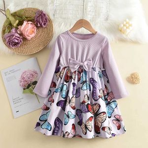 Girl's Dresses Menoea Ribbed Bowknot Purple Butterfly Print Girl Dresses Long-sleeve Dress Flowers Girl Dresses Weddings Kids Clothes Vestidos