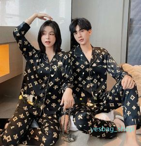 Couple Pajamas Women's New Long Sleeve Printing Mesh Red Homewear Suit Simple Men's Pajamas Women's Artificial Silk