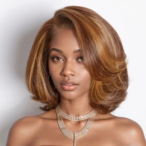 Glueless Brown Mix Blonde Bob Wig Real HD 5x5 Lace Closure Wig 180% Side Part Human Hair PreCut Wig Wear And Go For Women