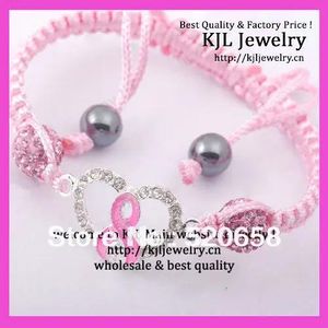 Bracelets 10pcs NEW style ! Crystal pave silver tone Pink Ribbon Bracelet, White macrame cord breast cancer awareness sign bracelet