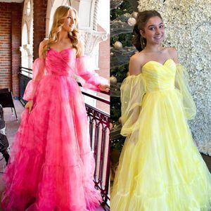 Light Yellow Print Prom Dress 2K24 Bishop Sleeves A-Line Lady Pageant Winter Formell Evening Evening Party Gala Golden Globe Award Celebrity Clown Floral Pattern Fuchsia