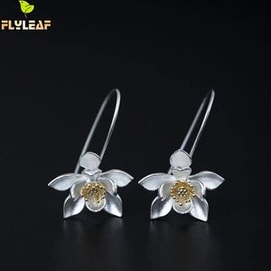 Earrings Flyleaf 100% 925 Sterling Silver Gold Color Big Lotus Flower Drop Earrings For Women Vintage Chinese Style Lady Jewelry