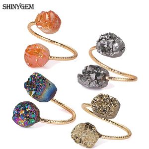 Bands ShinyGem Vintage Natürliche Unregelmäßige Sparkly Doppel Druzy Stein Ring Vergoldung Einstellbare Größen Für Frauen Großhandel Schmuck 5 stücke