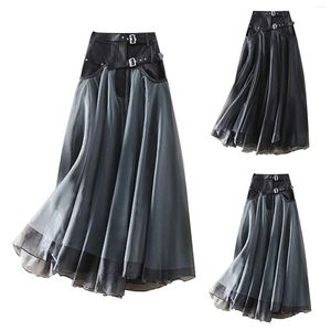 Skirts Vintage A Line Skirt Half Length Women's Yarn High Waist with Belt