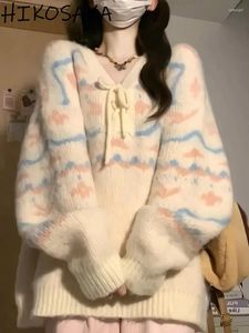 Suéteres femininos japonês kawaii doce vintage jacquard mulheres v-pescoço lace-up manga comprida pullovers soltos y2k jumpers estéticos e-girls