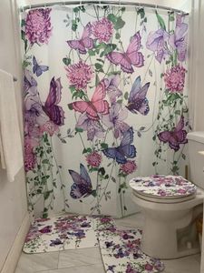 Bath Accessory Set 4pcs Blue Purple Butterfly Flowers Waterproof Shower Curtain Non-Slip Bathroom Rug Toilet U-Shape Mat Lid Cover Pad Decor