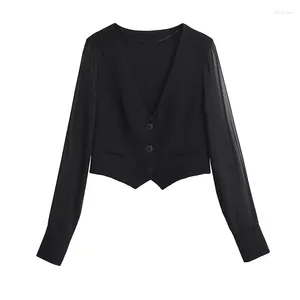 Camicette da donna YENKYE Camicia vintage da donna a maniche lunghe patchwork semitrasparente Camicia stile gilet nero con scollo a V Top corto elegante da donna