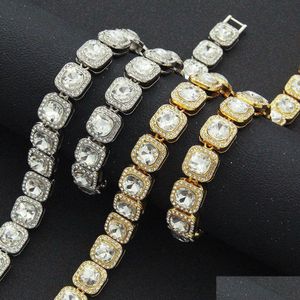 Bracelet & Necklace Hip Hop Cuban Link Chain Square Necklace Bracelet Set Heavy 18K Real Gold Plated Zircon Metal For Men Drop Delive Dh5Xm