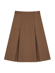 Saias Mulheres Plissadas Inglaterra Rosa Bordado Casual Saia Longa Khaki Cor Inverno Roupas Outono