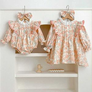 Girl's Dresses Autumn Baby Girls Dress Sister Clothes Infant Girls Cute Bow Flowers Rompers Girls Long Sleeves Dress Princess Sister Clothing