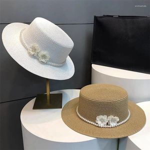 Береты 202401-2508806 Ins Chic Summer Paper Grass Pearl Chain Acrylic Flowers Lady Fedora Cap Women Leisure Panama Jazz Hat