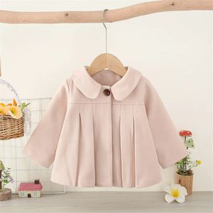 Korean girl clothing children's lapel long sleeved button jacket baby wool fabric winter solid color loose set jacket 240123