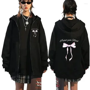 Women's Hoodies Cartoon Cute Bow Print Hoodie Fairy Grunge Graphic Women Zip Up Sweatshirt Vintage Harajuku Y2k Aesthetic Girl Coat Tops