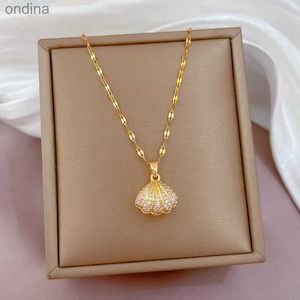 Pendant Necklaces Korean Fashion Shell Pearl Necklace for Women Stainless Steel Creative Copper Micro -inlaid Marine Banquet Wedding Jewelry Gift YQ240124