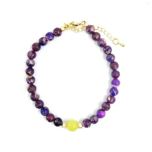 Strand 1 PC Purple Imperial Stone and Lemon Jade Justerbart armband - 6mm 8mm pärlor 14K guldpläterade accenter