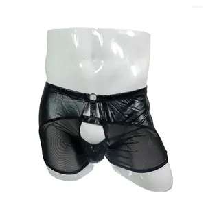 Cuecas sexy homens sissy boxer molhado olhar falso cuecas de couro malha troncos transparentes oco roupa interior erótica gay homem shorts