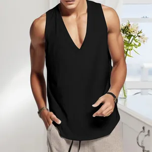 Men's Tank Tops Vest Classic Vintage Solid Color Deep V-Neck Sleeveless Loose Exercise Vests Casual Retro Comfort Sportswear