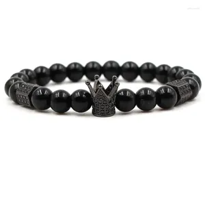 Strand 2024 Classic Bright Black Stone Beads Armband Pave CZ Crown Creative Diy Bangle for Charm Menwomen Trendy Jewelry