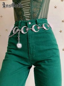 Insgoth harajuku punk lua cintos de metal feminino vintage cintura alta corrente gótico sol tira pingente cintos estéticos feminino partywear 240119