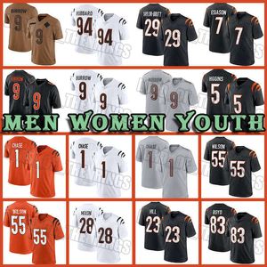 1 Ja'Marr Chase 9 Joe Burrow Camisa de futebol Evan McPherson Sam Hubbard Tee Higgins Cam Taylor-Britt Cincinnatis Bengales Joe Mixon Logan Wilson Trey Hendrickson