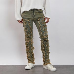 Mäns jeans män mager byxor vintage patch frayed denim vår hösten casual leggings byxor med fickor streetwear