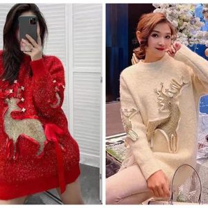 Women's Sweaters Autumn And Winter Solid Christmas Elk Bright Silk Lazy Style Mid Length Loose Heavy Duty Diamond Red Sweater For Women YL39
