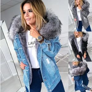 Ny 2024 Fashion Hooded Large Fur Neck -denim Jacket Kvinnors Casual and Warm Medium Length riven Jacka Denim Jacket Women's Denim Jacket 240123