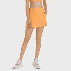 Lu Align Lemon Yoga Shorts Align Skirts Solid Lemon Yoga Color Fitness Tennis Skort Women Sport Short Skirt Training Jogging Quick Dry Fake Twopiece Tennis Dress LL Lu