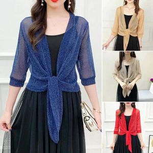 Women's Blouses Sheer Glitter Lace-up Cardigan Half Sleeve Summer Lightweight Short Jacket Shawl See-through Loose Blouse Sunscreen Coat