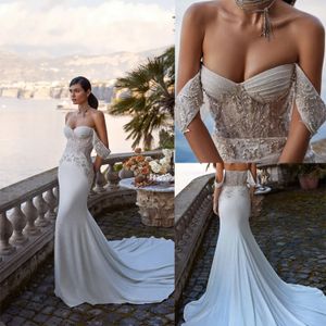 Beach Meerjungfrau Hochzeitskleid von Schulter Kurzarm Perlen Braut Kleider fegen Zug Rückenfreie Brautkleider