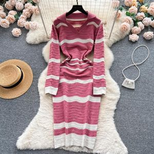 Casual Dresses Elegant Stripe Polo Neck Long Sleeve Knit Bodycon Pencil Dress Slim Basic Fashion Sweater Vestido Sexy Women Winter Clothing