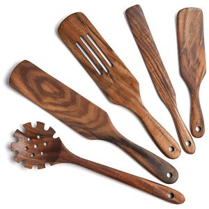 Plates Spurtle Set Wooden Cooking Utensils Teak Heat And Moisture Resistance Non-Stick Wood Cookware With Hanging (5Pcs)