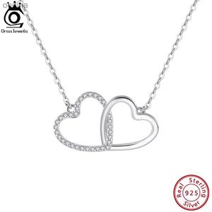 Hänghalsband orsa juveler utsökta dubbla hjärthänge 925 Sterling Silver Love AAAA Zircon Chain Necklace for Women Fashion Jewelry SN340 YQ240124