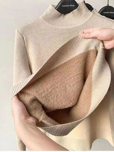 Suéter feminino grosso e de lã, suéter de lã de malha fina, quente de ovelha, manga comprida, gola redonda, malhas coreanas