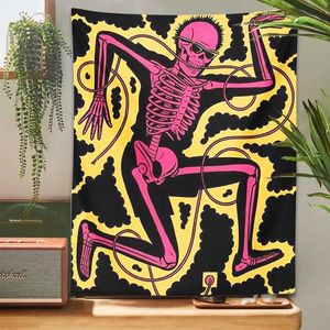 Tapisserier Färgglada Tapestry Psychedelic Hippie Bohemian Skeleton Electric Shock Dance vägg hängande tyg matta rum hem dekorl240123