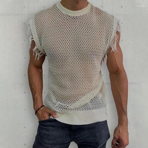 Männer Casual Hemden 2024 Sommer Mode Durchsichtig Herren Stricken Tank Tops Streetwear Vintage Ripped Design Ärmellose Männer Kleidung Leibchen