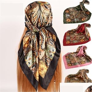 Scarves 90X90Cm Luxury Twill Silk Large Scarf Women Headscarf Fashion Retropattern Satin Square Scarve Ladys Design Handkerchief Dro Dh2Z6