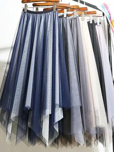 Skirts Irregular Long Tulle Skirt Double-layered Gradient High Low Mesh Swing Blue Pink Black