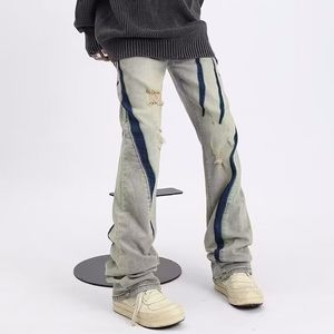 High Street Vibe Pants Men Niche Design Sense Yellow Mud Dyed Fake Ripped Jeans Slim Straight Leg Micro-cropped Pants