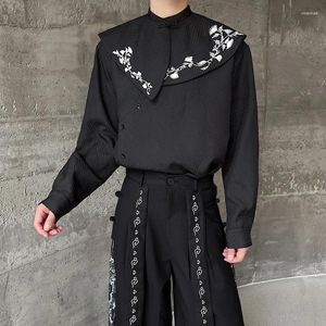 Männer Casual Hemden Abnehmbare Stickerei Schal Männer Chinesische Mode Dark-streifen Lange Hülse Lose Vintage Blusen Bühne Kleidung