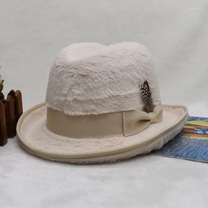 BERETS 202411-FCM-774 British Winter Imitation Mink Velvet Feather Small Brim Fedoras Cap Men Women Panama Jazz Hat