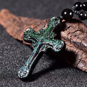 Hängen Natural Rainbow Obsidian Handcarved Cross Pendant Fashion Boutique Jewelry Men's and Women's Jesus Cross Necklace Gift