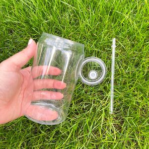 Clear transparent recyclable can shaped drinkware PP 16oz unbreakable plastic acrylic soda beer can with pp lid and straw for UV DTF transfer,sold by case